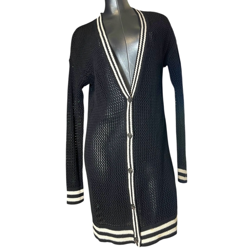 American Eagle Duster Button Black White Trim Button Women's Sweater Cardigan